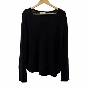 Pura Cashmere Womens Round Edge Cotton Blend V Neck Sweater Size M Black Coastal